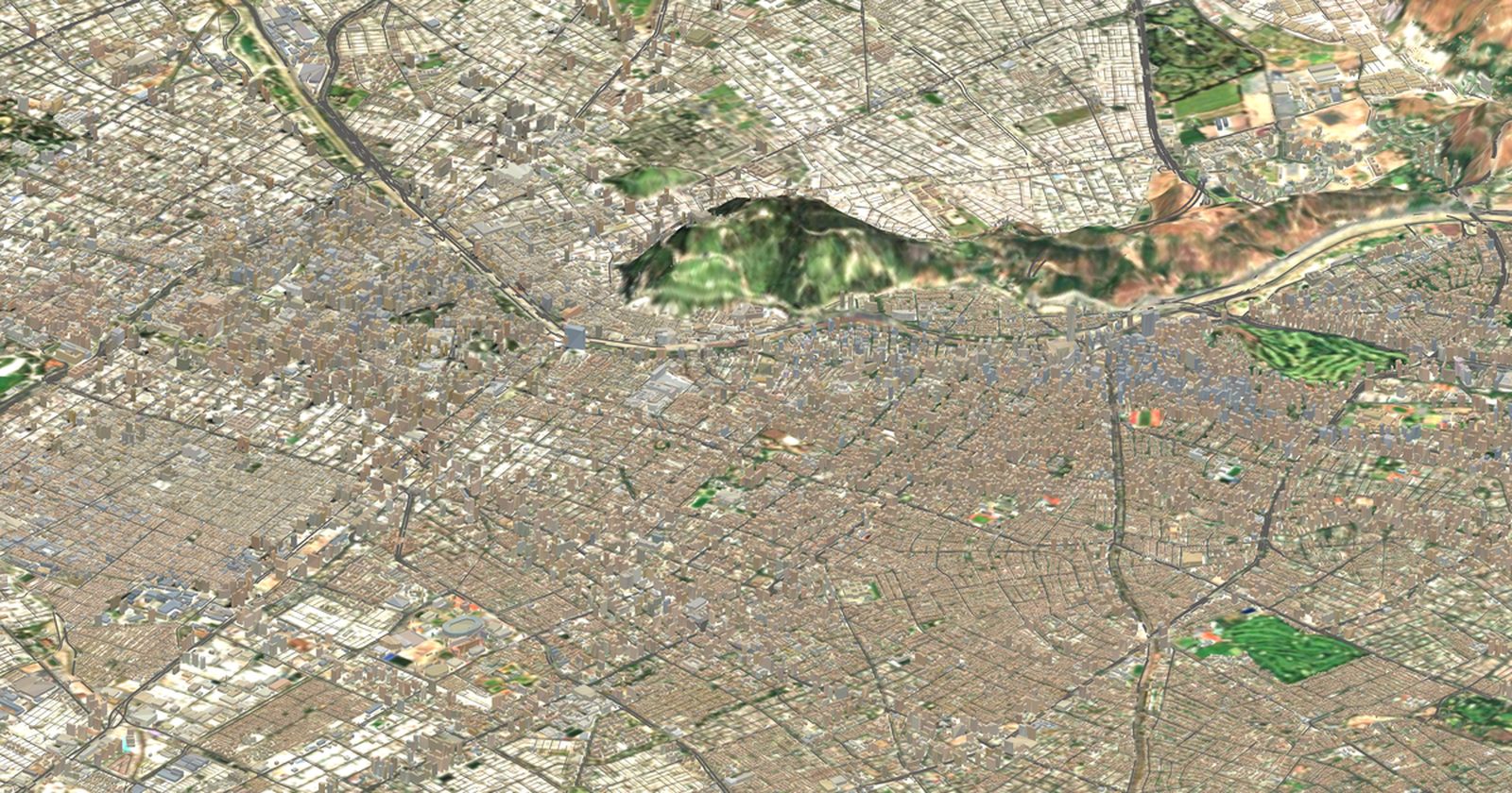 Render isométrico de un tramo del Gran Santiago, con cerros y trama urbana