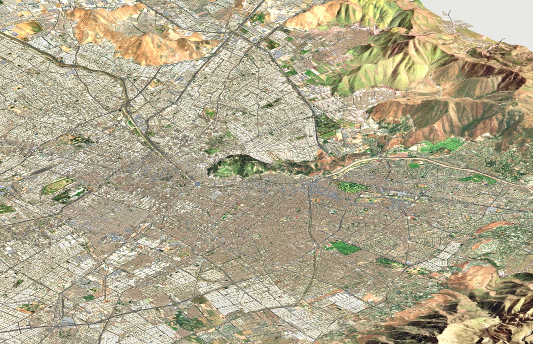 Santiago isométrico: el cerro San Cristóbal, el Mapocho y la precordillera, renderizados desde datos abiertos
