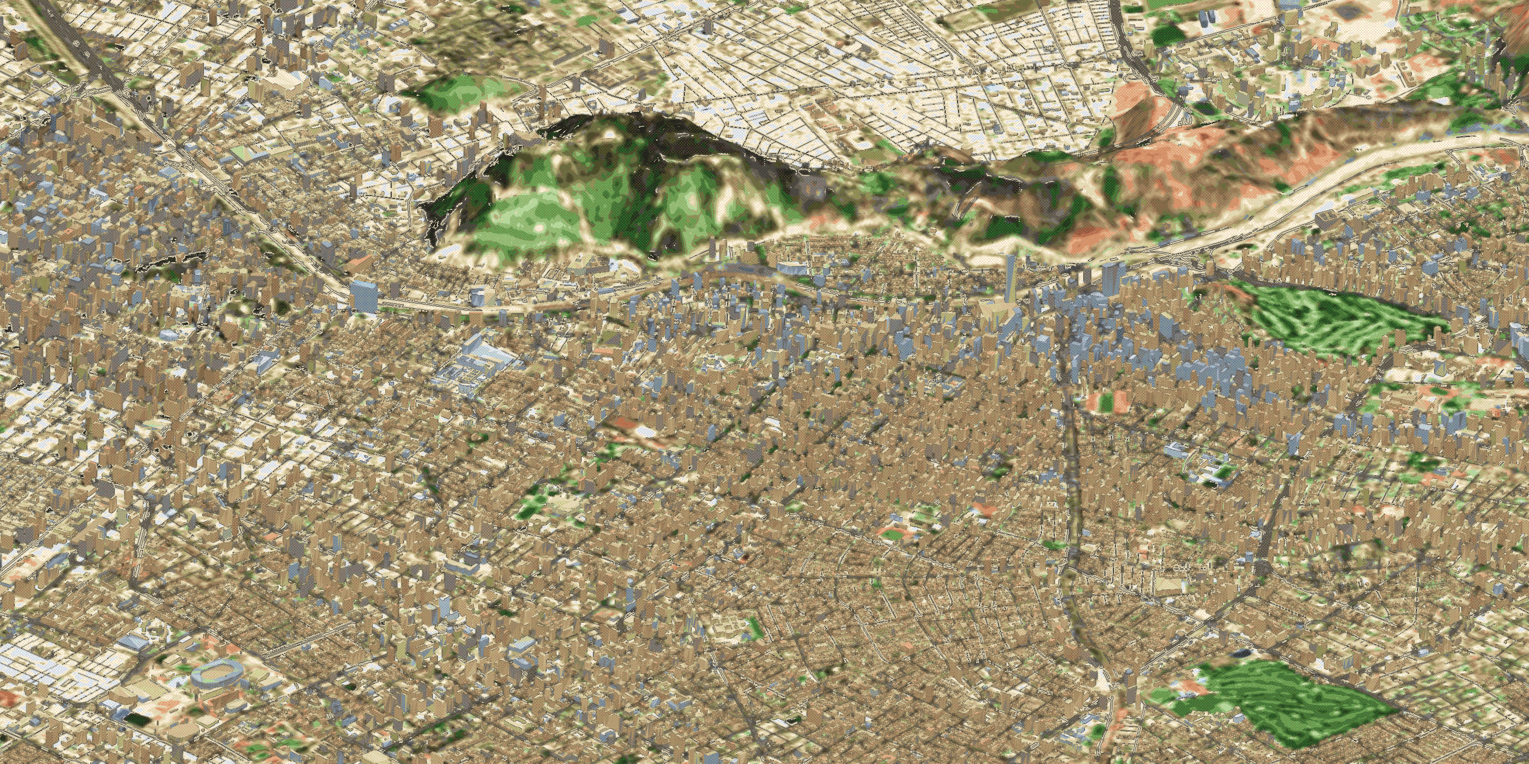 Ilustración isométrica de Santiago con edificios, cerros y espacios públicos