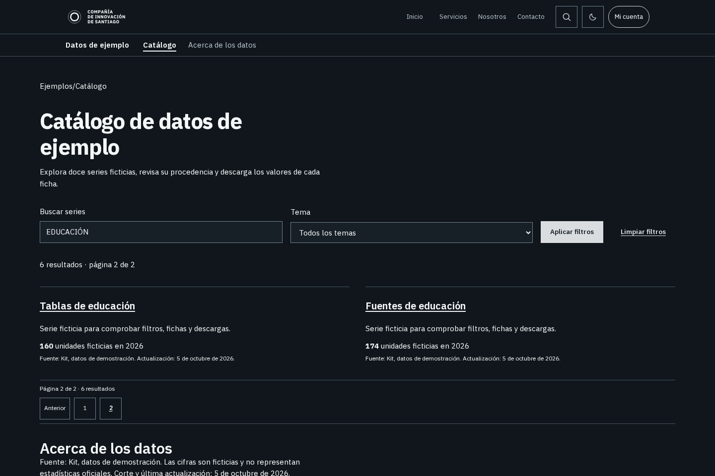 Vista real del catálogo del kit en tema oscuro, con búsqueda, filtros, resultados y paginación
