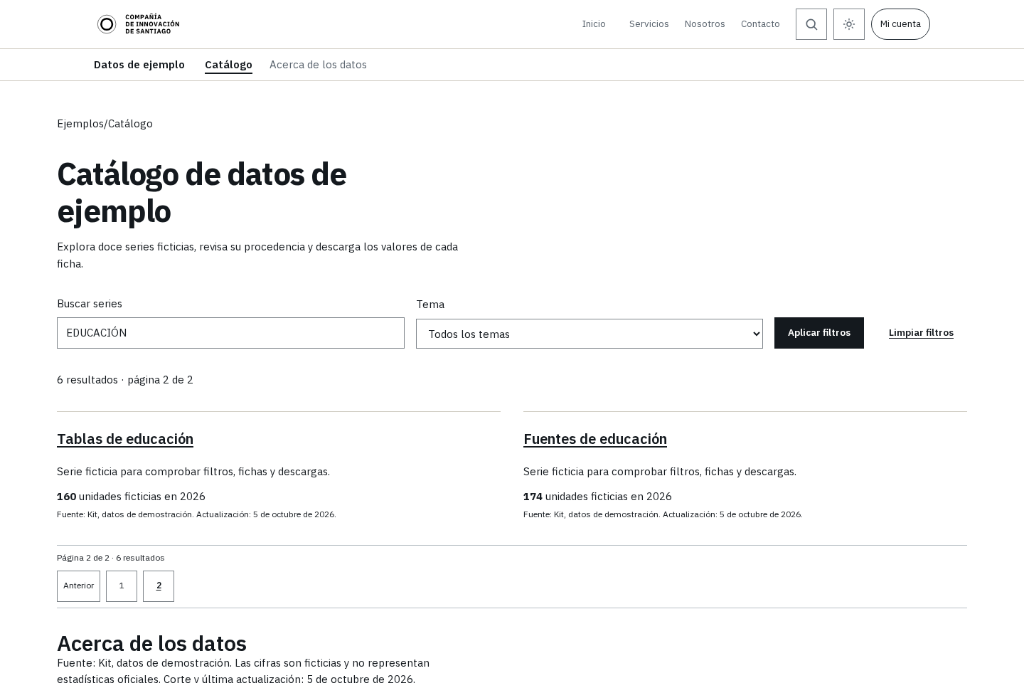 Vista real del catálogo del kit en tema claro, con búsqueda, filtros, resultados y paginación